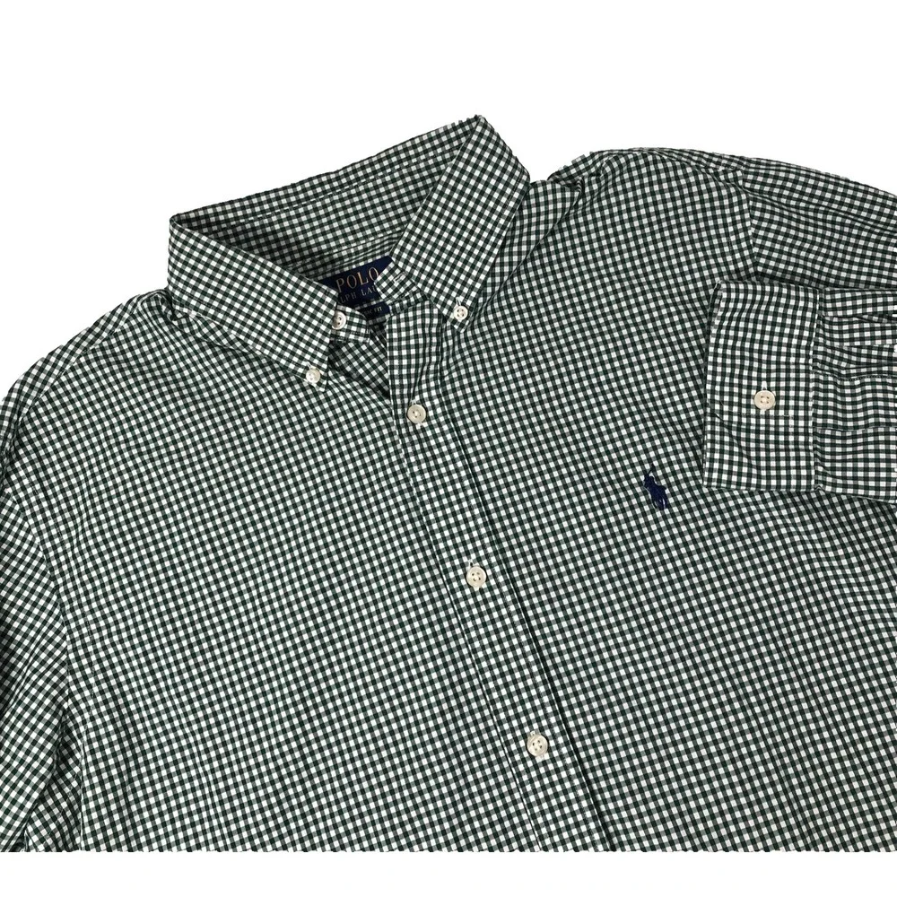 Polo Ralph Lauren Shirt Men L 16 1/2 Green White Gingham Classic Fit Button Down
